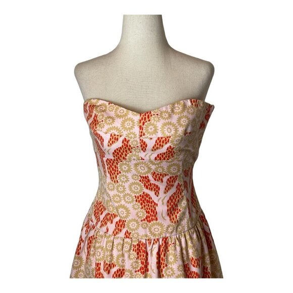 Tibi Pink And Gold Tree Print Cotton Strapless Knee Length Fit And Flare Dress 2 - Picture 4 of 10